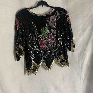 EUC Vintage Chanson D'Amour Sequin & Beads 100% Silk Blouse size Small